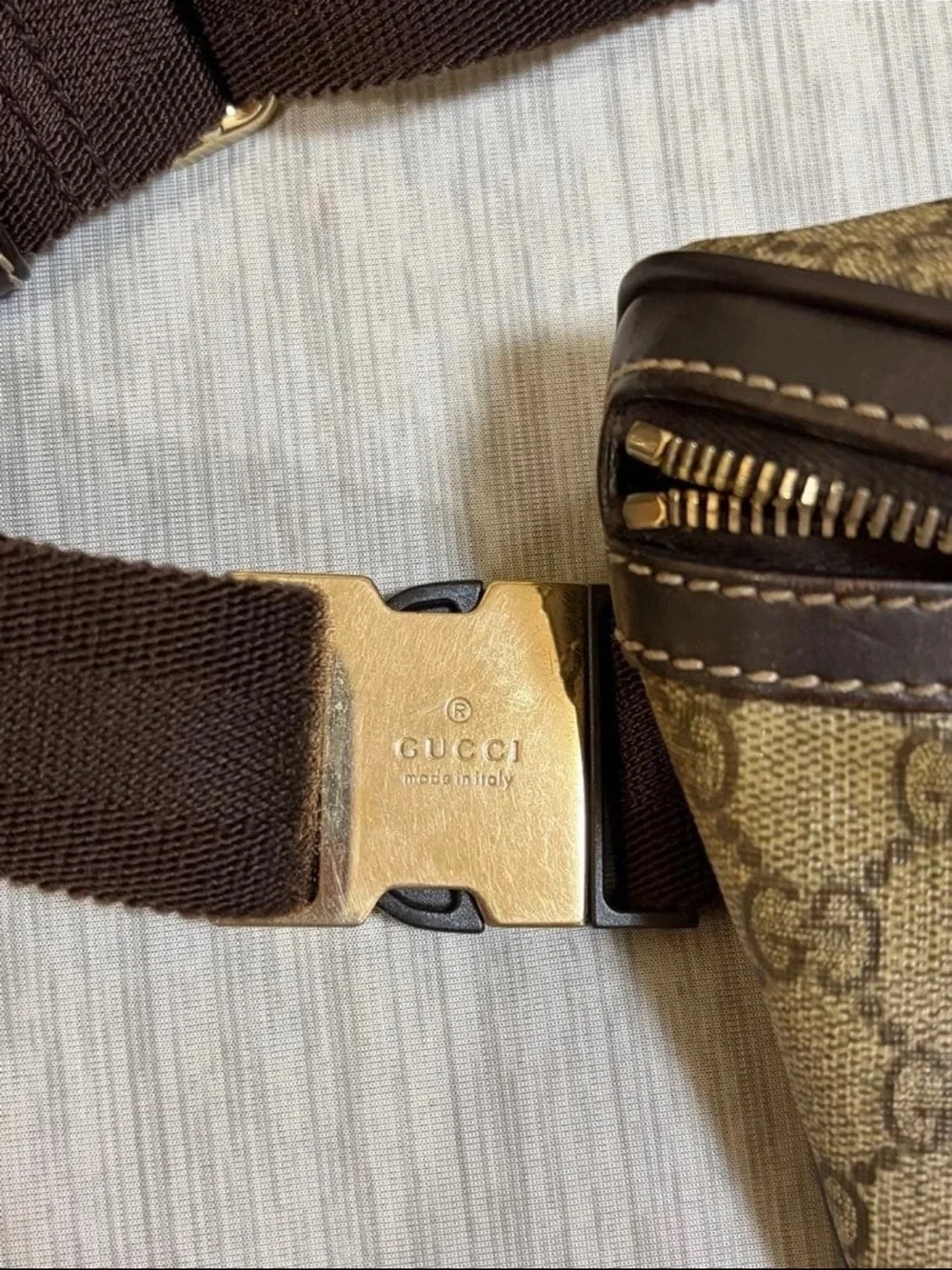 Gucci Beige Monogram Waist Bag - Brown Trim